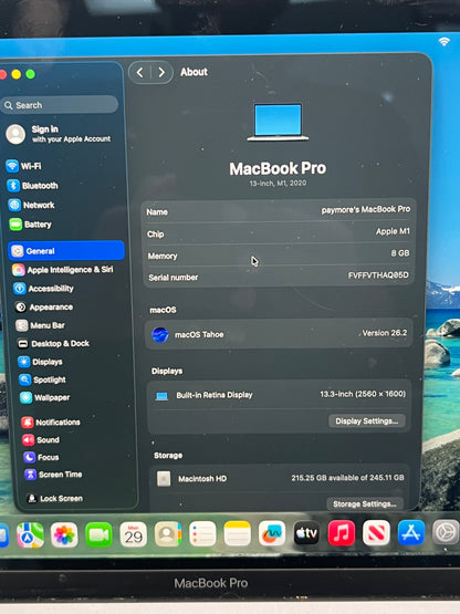 2020 Apple MacBook Pro 13.3" M1 7 Core 3.2GHz 8GB RAM 256GB SSD A2338